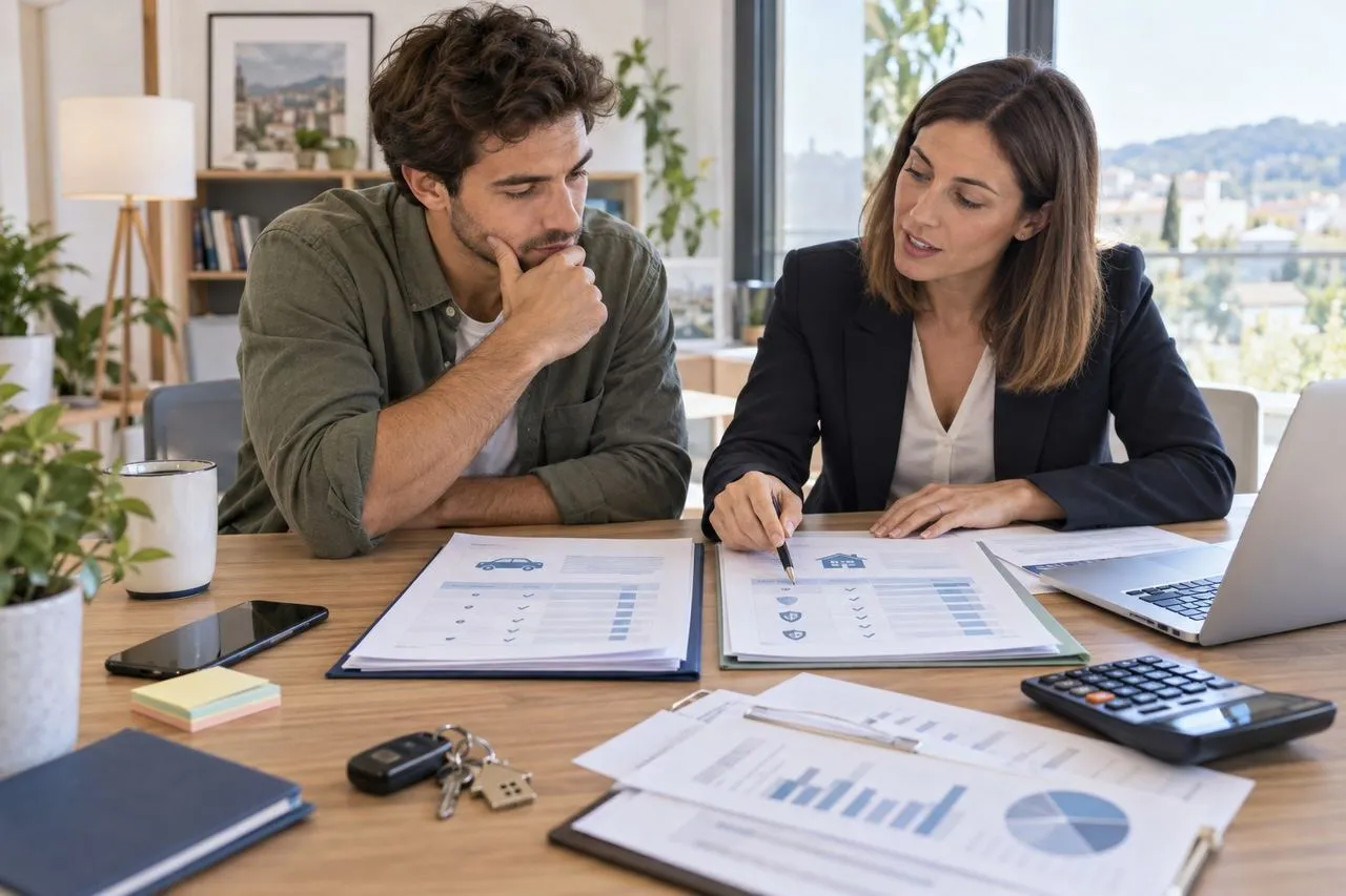 Comparaison de contrats d'assurance avec curseur de franchise, calculatrice et budget sur un bureau